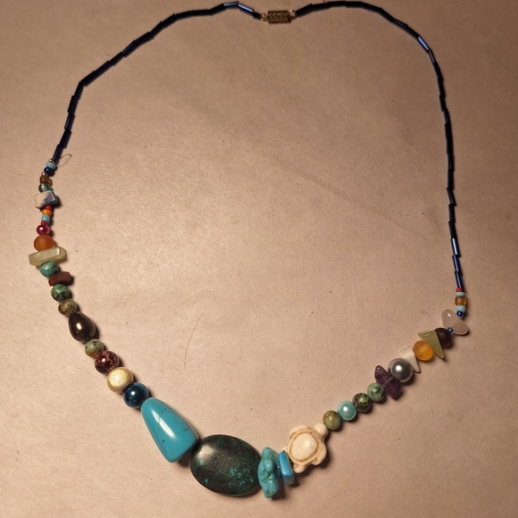 Vintage Turtle Zuni Fetish Stone Beaded Necklace Tribal Exotic Blues Whites - Picture 8 of 8